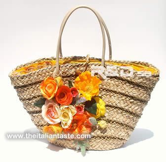 new straw bag, Italy-style decorated with silk flowers and lined with fabric