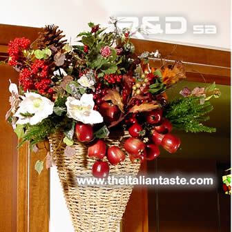 Cornucopia decorated for Christmas with flowers and fruit