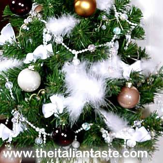 Christmas tree decorated with crystals, feathers, brown balls