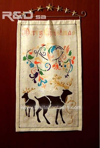 Linen panel with Christmas decorations painted by hand, precious home xmas ornament 