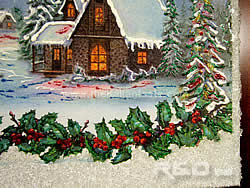 Holly and houses: details of the second Christmas panel