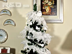 Christmas tree decorated with white feather boa and birds