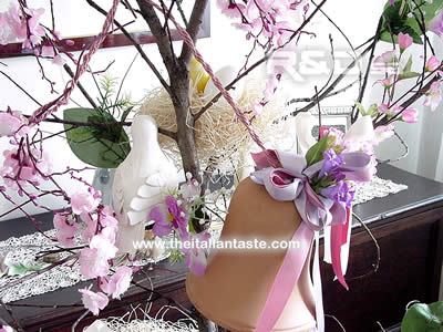 Detail of leafless branch decorated for Easter