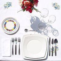 tavola apparecchiata per cena formale con carne e pesce