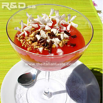 watermelon dessert called in Italy gelo di melone or gelo di mellone served in a glass and garnished with jasmin flowers