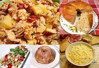 images for celebration menu with pasta salad, baked rice, savory cake and chicken salad