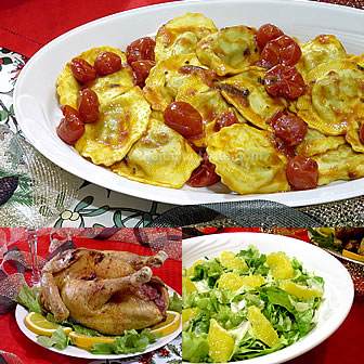 Italian Xmas menu with the traditional dishes: ravioli, cappon, panettone