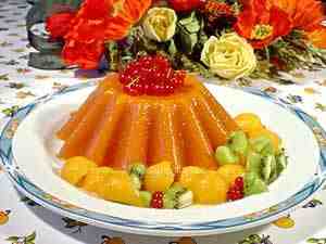 Watermelon jelly, garnished with melon and kiwi fruit