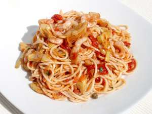 Tagliolini (noodles or thin tagliatelle) tossed with artichoke and shrimp sauce