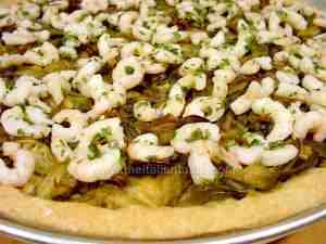 Savory tart with artichokes and shrimps