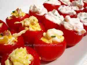 cherry tomatoes stuffed with cheese and scrambled eggs