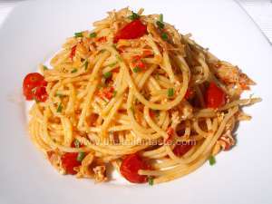 spaghetti tossed with crab sauce