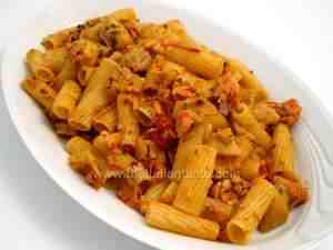 Rigatoni tossed with salmon and artichoke sauce