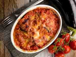 Aubergine parmigiana from Puglia in its baking pan