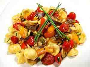 Orecchiette topped with eggplant and pepper sauce