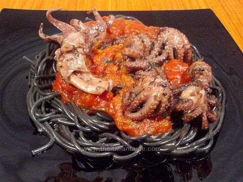 Black spaghetti with baby octopus and squid