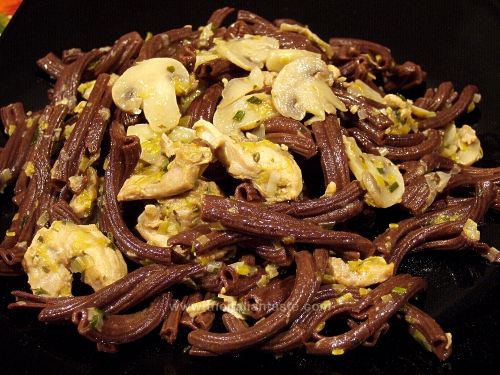 Cocoa pasta with mushrooms and rabbit