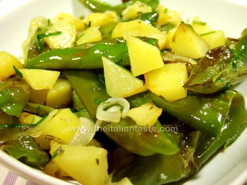 Pan fried baby sweet peppers and potatoes
