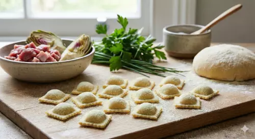Ravioli stuffed with artichokes and lamb