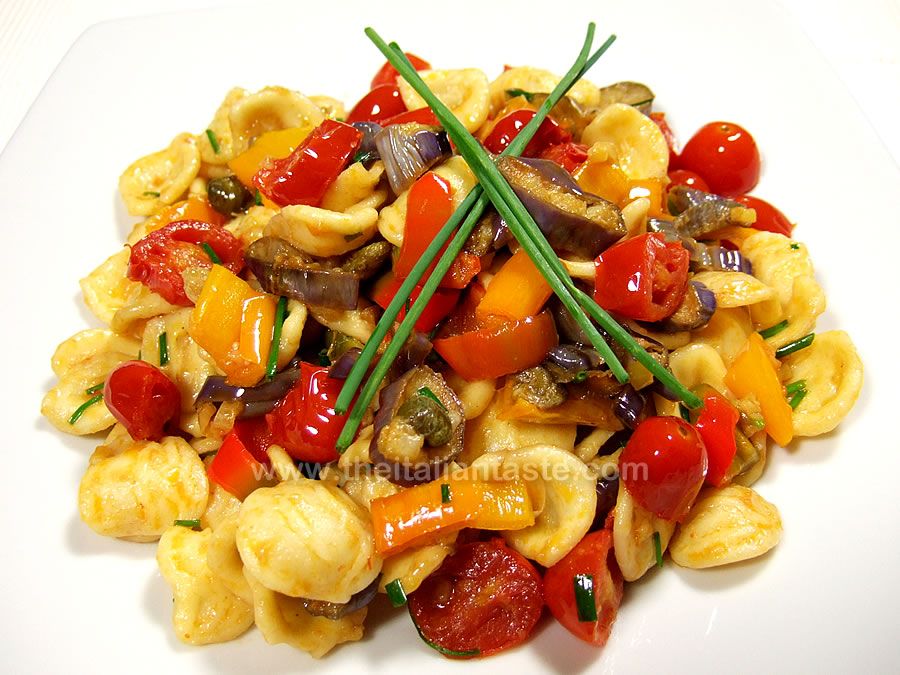 Orecchiette with sweet peppers and eggplants